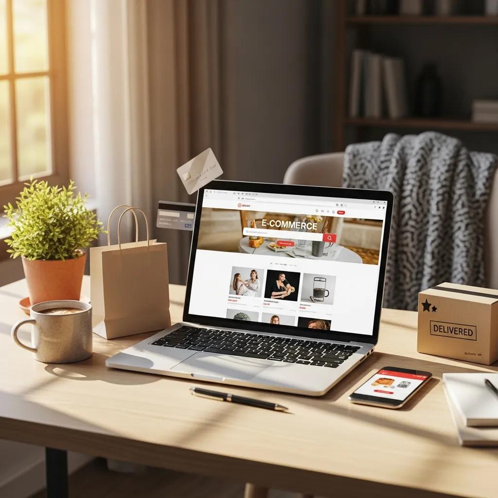 Modern e-commerce website displayed on a laptop with shopping elements in a cozy workspace