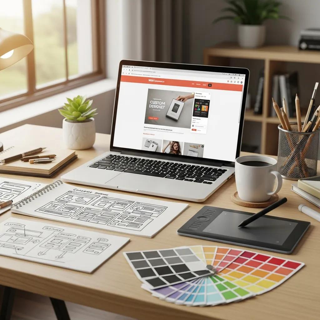 Modern e-commerce workspace with a laptop showing WooCommerce, design tools, and a creative atmosphere