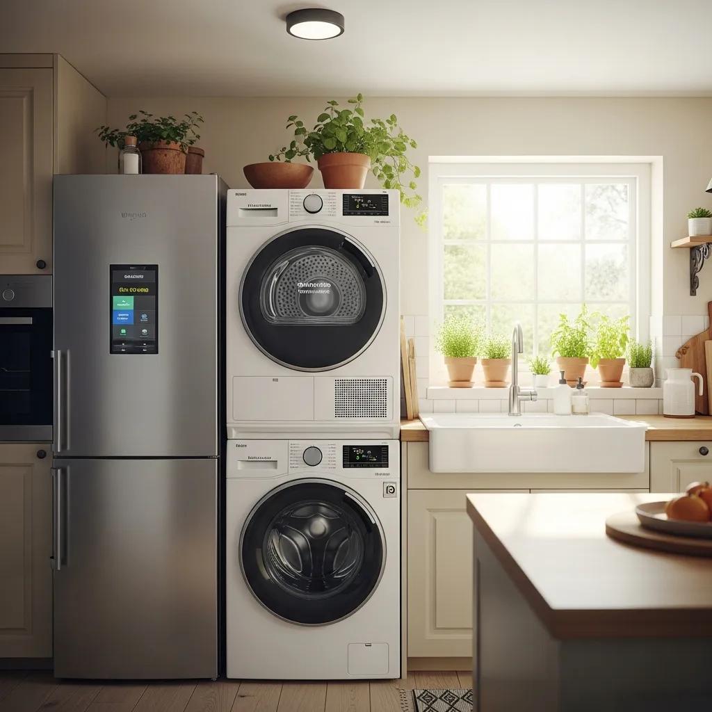 Modern energy-efficient appliances in a bright kitchen emphasizing sustainability