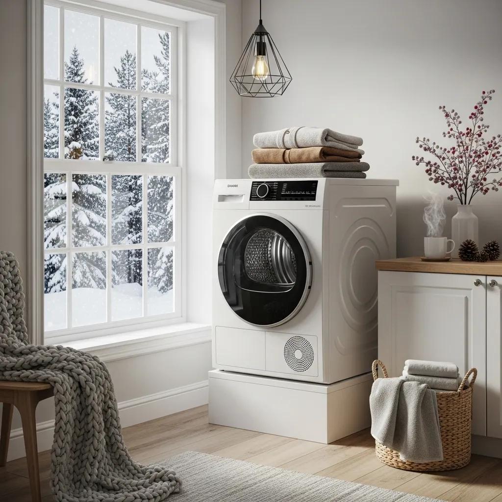 Modern heat pump dryer in a cozy laundry room with winter decor