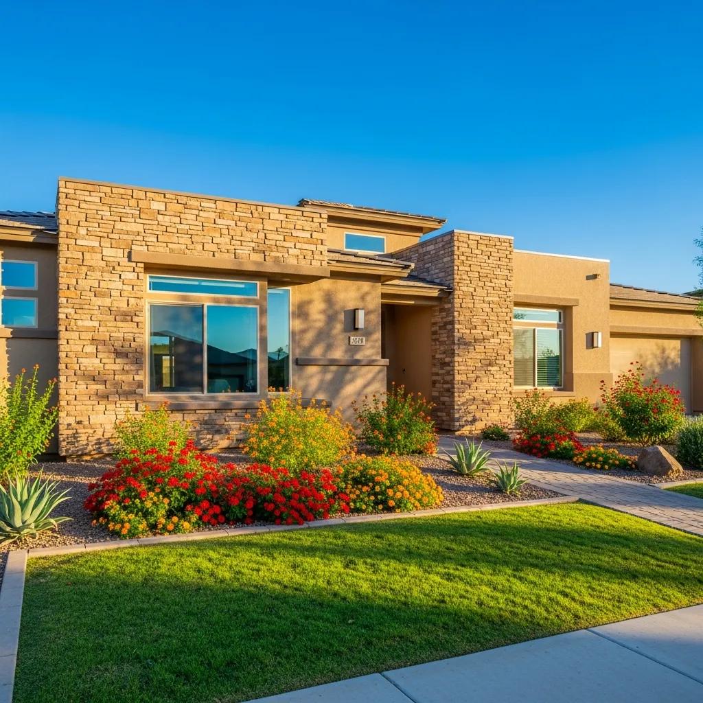 Modern home for sale in Phoenix, Arizona, showcasing appealing architecture and vibrant landscaping