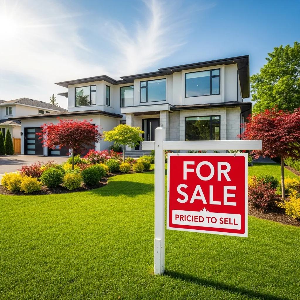 Modern home for sale with a 'For Sale' sign, representing home pricing decisions in Canada