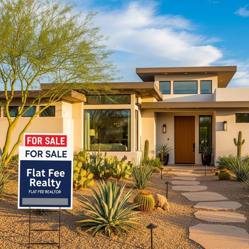 Modern home in Phoenix with a For Sale sign representing flat fee realtor services