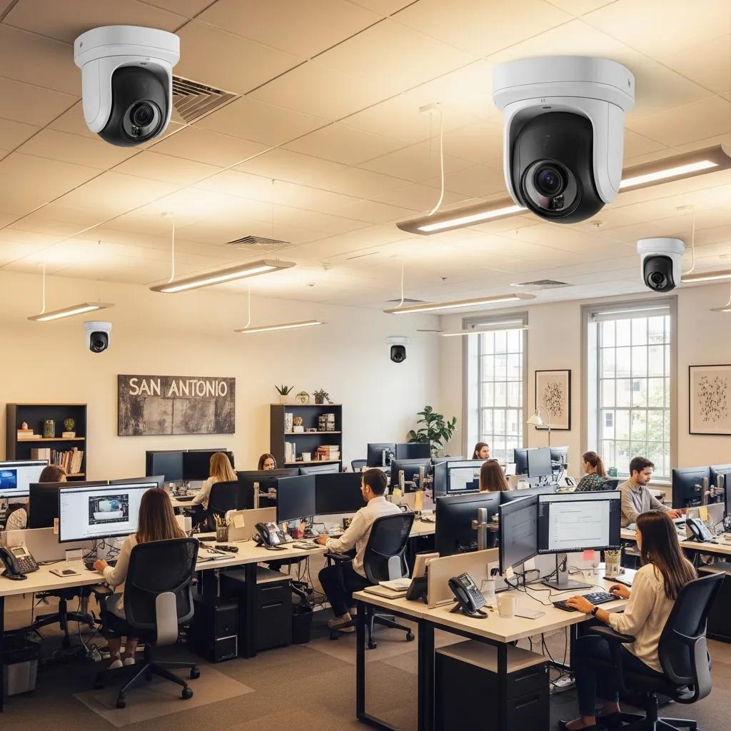 Modern IP camera system installed in a San Antonio office, showcasing a secure workplace environment