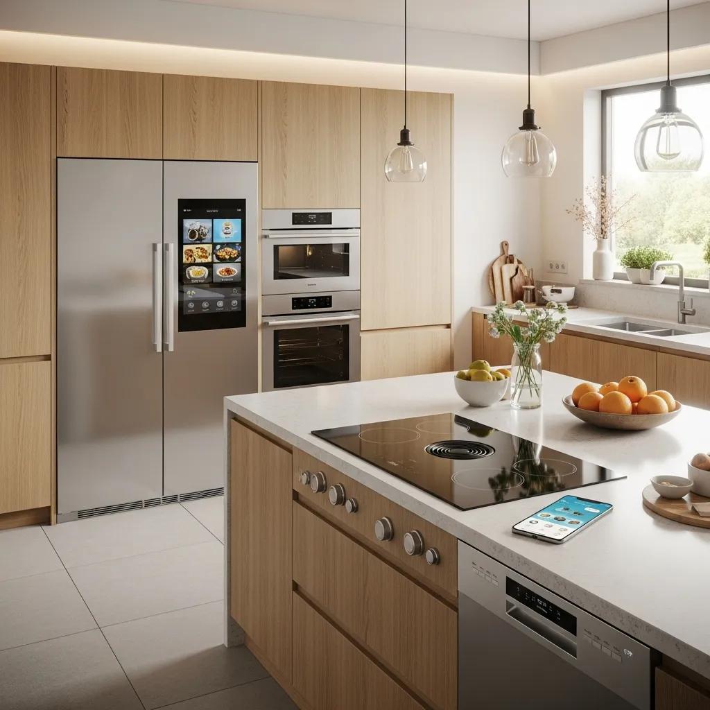 Modern kitchen with smart appliances showcasing WiFi connectivity and app control features