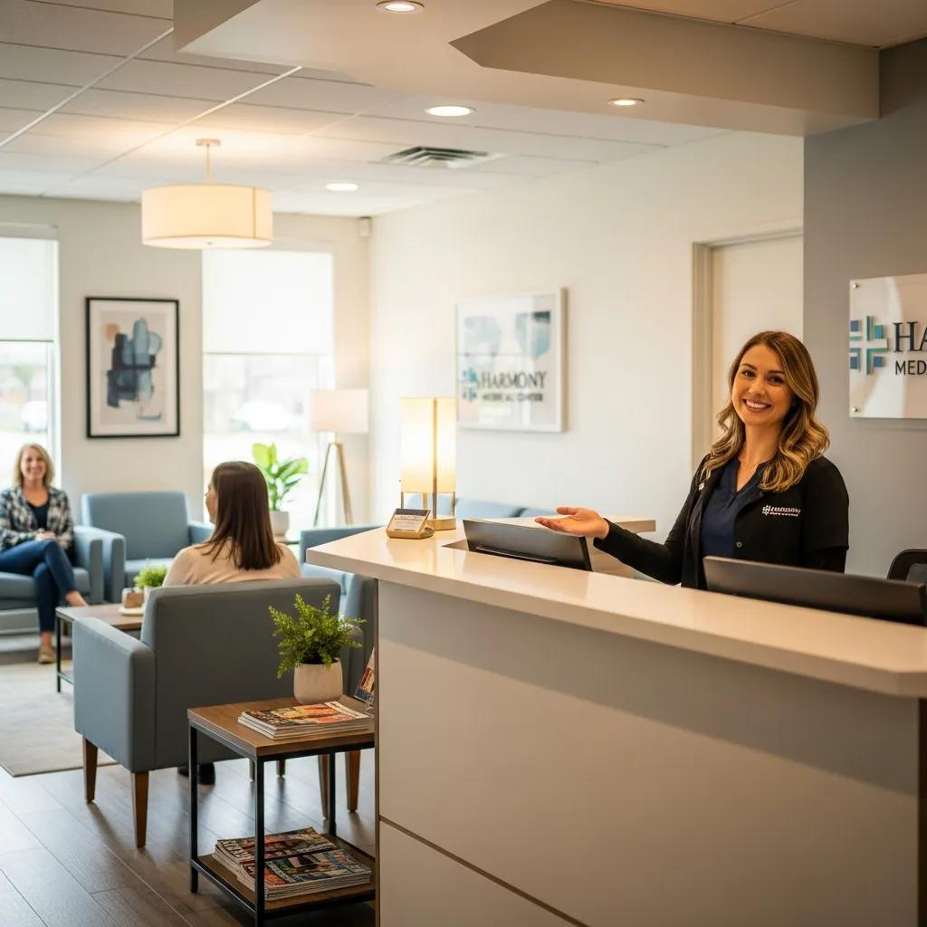 Modern medical clinic reception area with friendly staff member welcoming patients