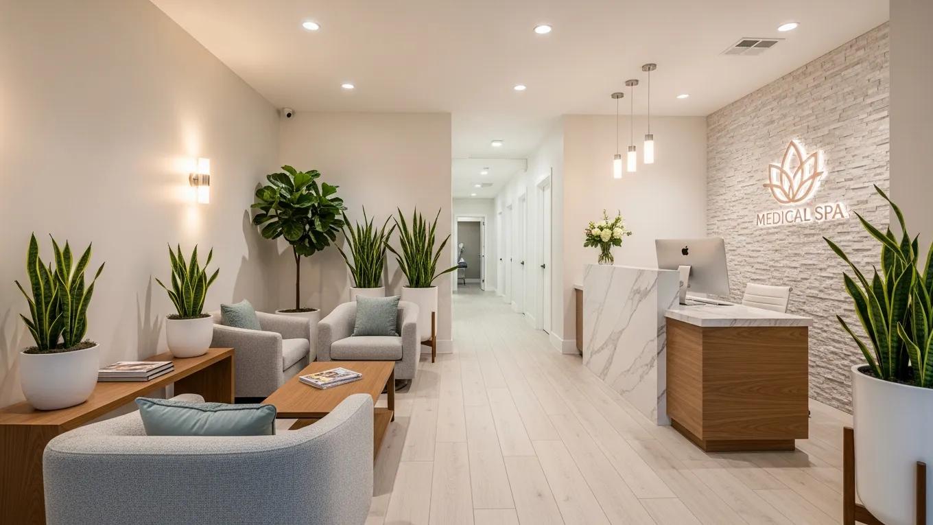 Modern medical spa reception area emphasizing relaxation and professionalism