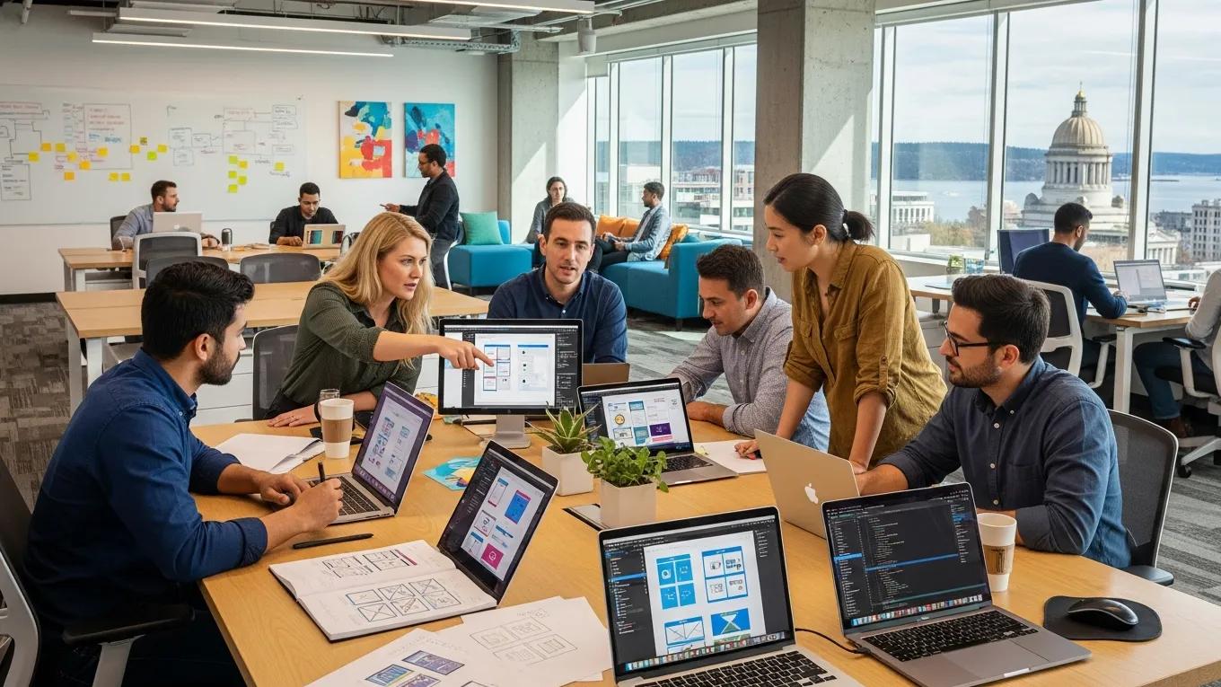 Modern office collaboration in Downtown Olympia focused on professional web design services