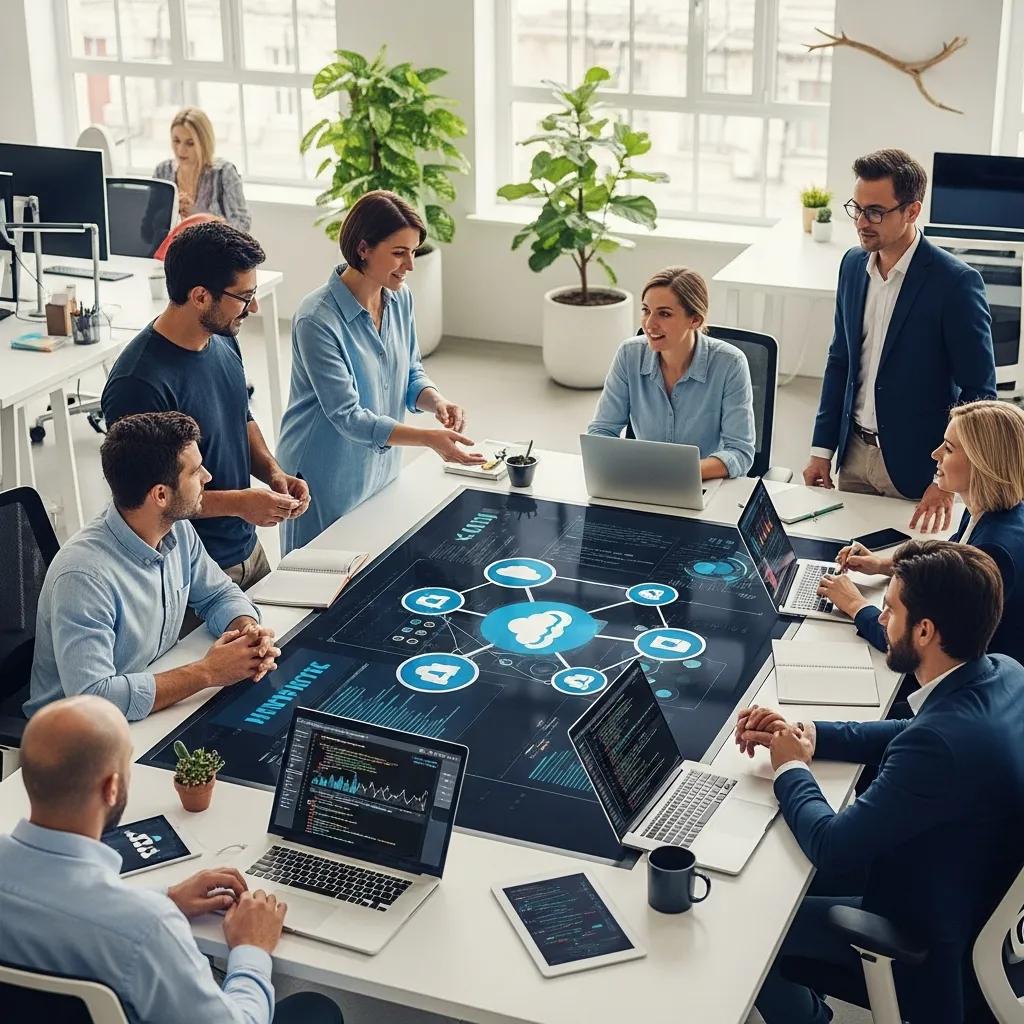 Modern office collaboration on managed cloud services with technology and teamwork