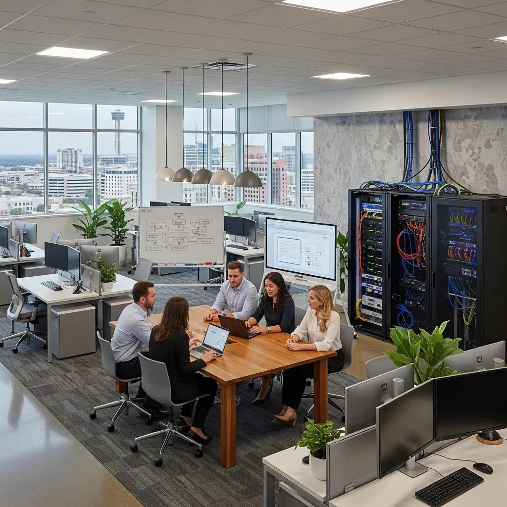 Modern office IT infrastructure setup with computers and networking equipment in San Antonio