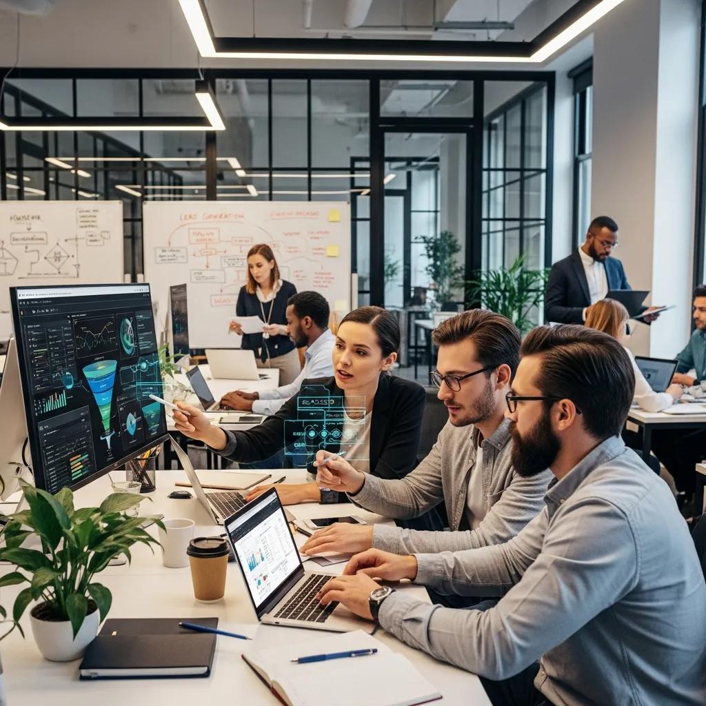 Modern office scene showcasing professionals collaborating on AI lead generation strategies