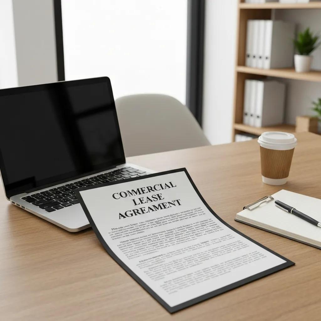 Modern office space with a commercial lease agreement on a desk, symbolizing business professionalism