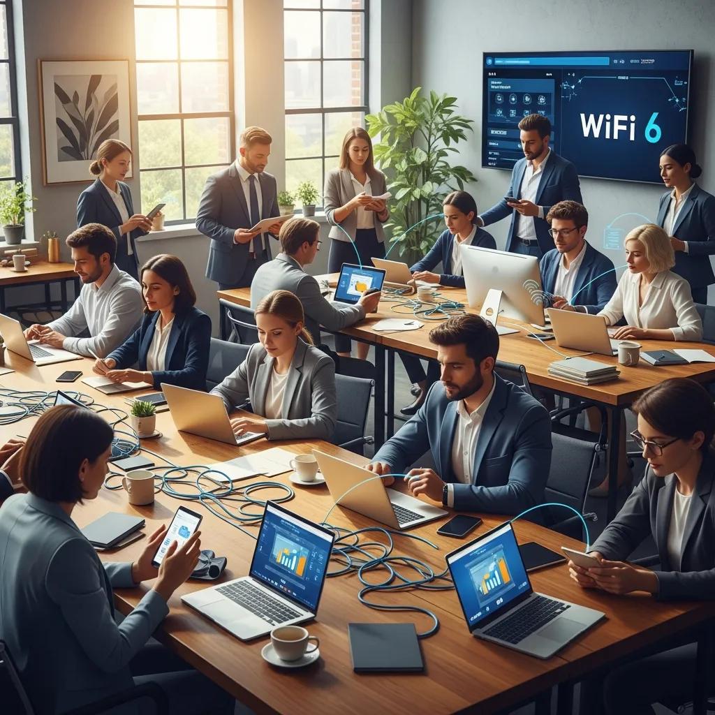 Modern office with professionals using devices connected to WiFi 6 technology