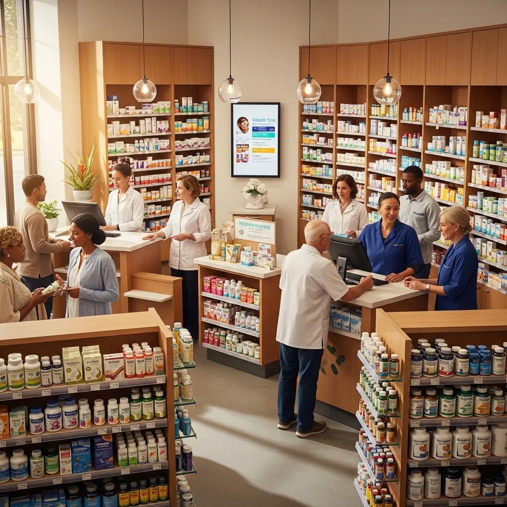 Modern pharmacy with customers and staff interacting, showcasing health products and a welcoming atmosphere