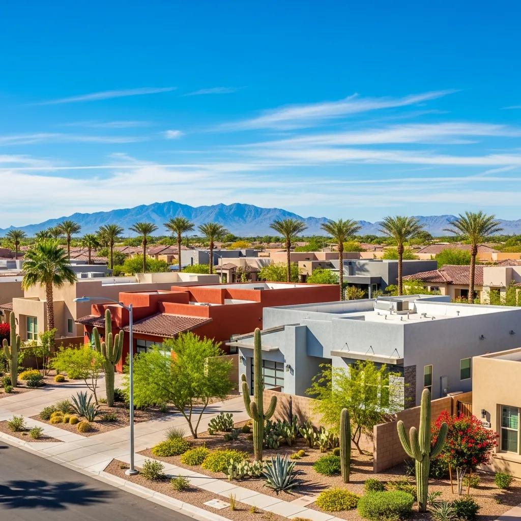 Modern Phoenix neighborhood with diverse homes and desert landscaping