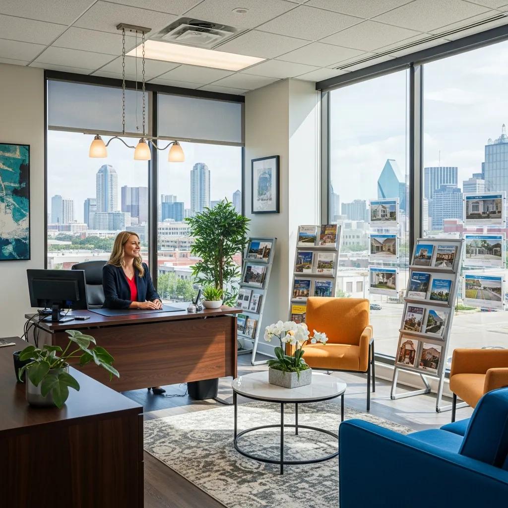 Modern real estate office in Dallas-Fort Worth with a broker assisting clients