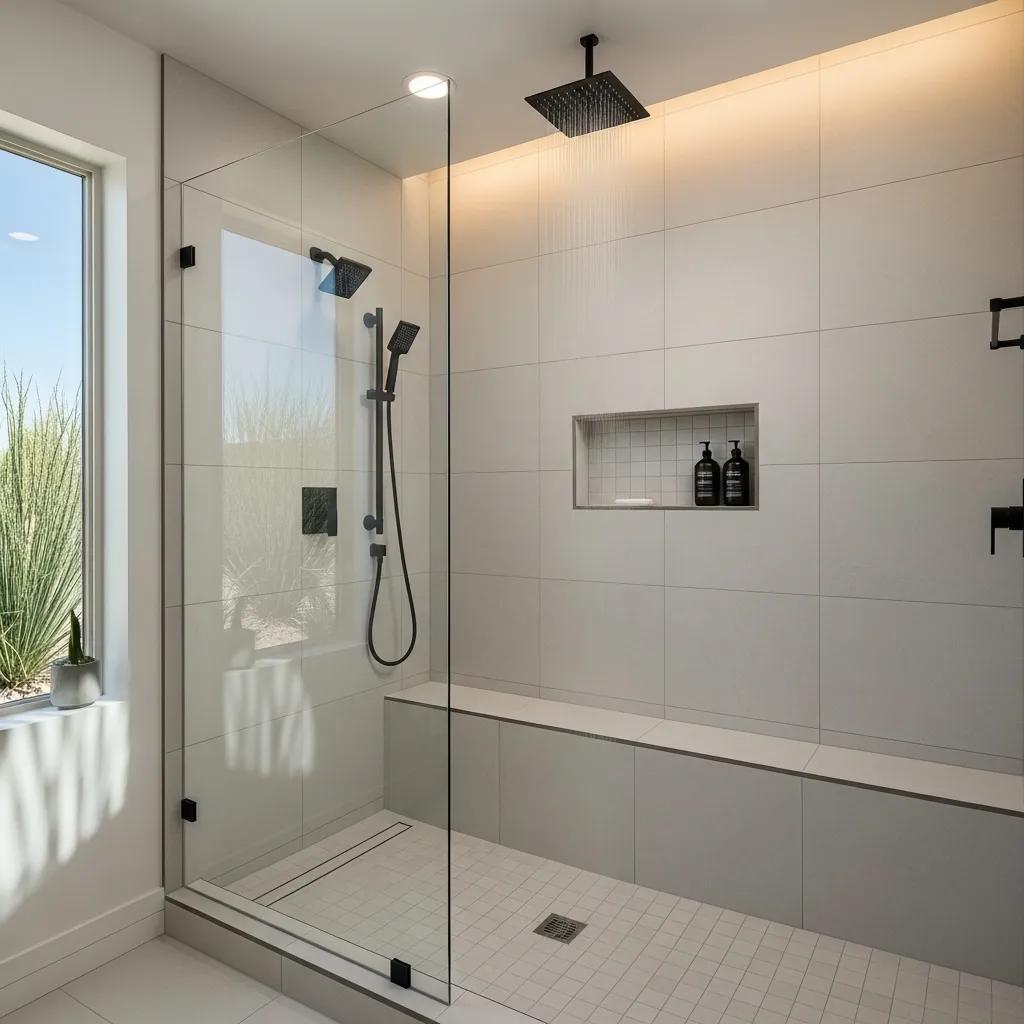 Modern walk-in shower design with curbless installation showcasing contemporary aesthetics and accessibility