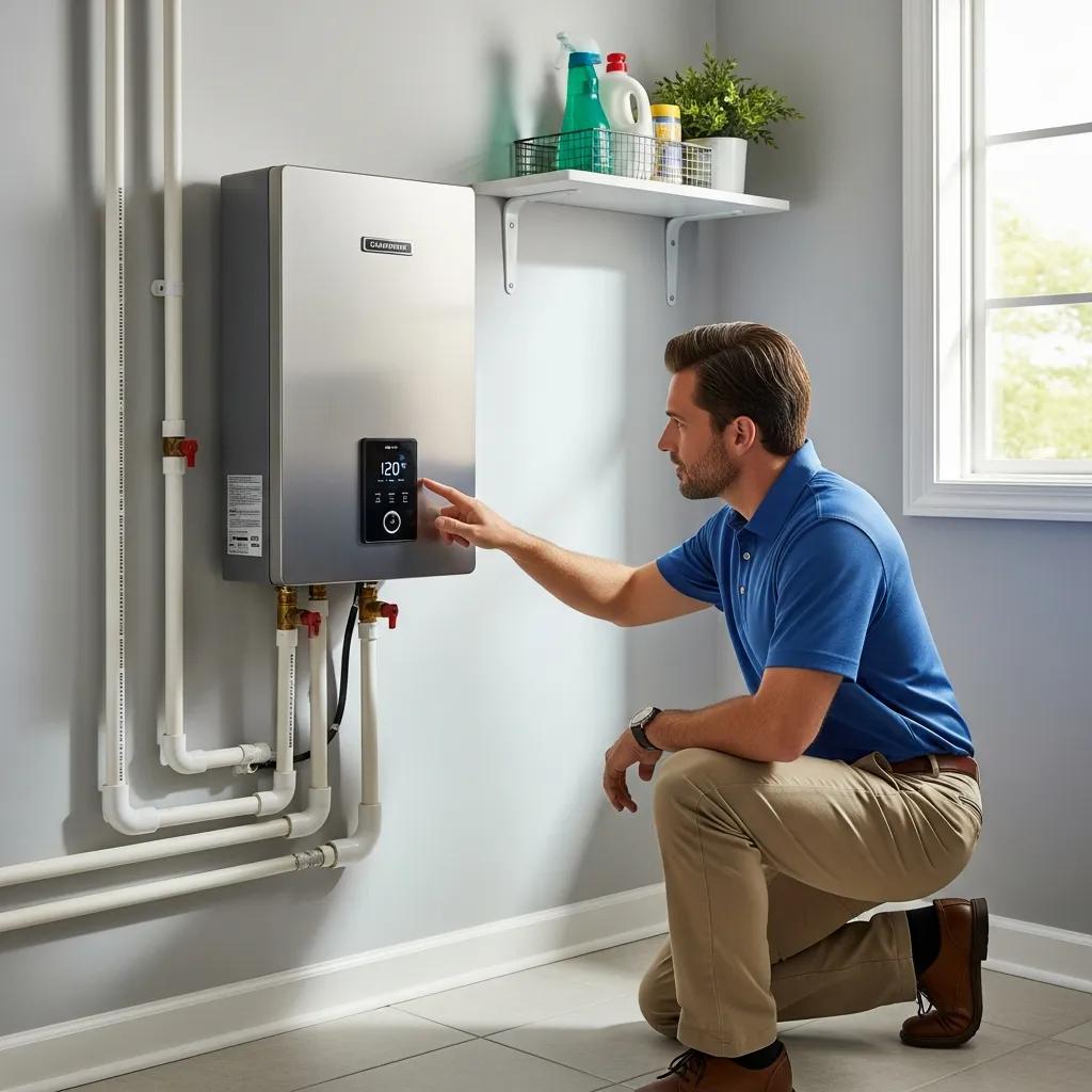 Modern water heater in a home setting with a homeowner inspecting it