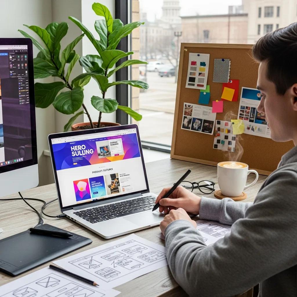 Modern web design workspace in Lansing with a designer working on a laptop