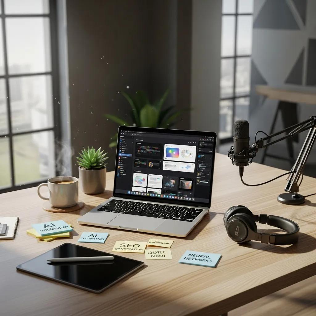 Modern workspace with a laptop and creative tools illustrating AI-powered content creation