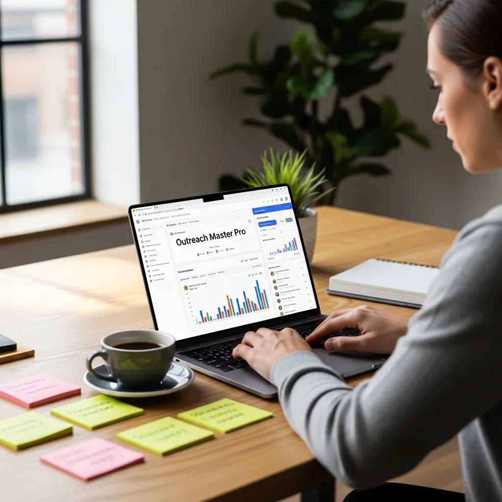 Modern workspace with a laptop displaying B2B outreach automation tools, emphasizing productivity and efficiency