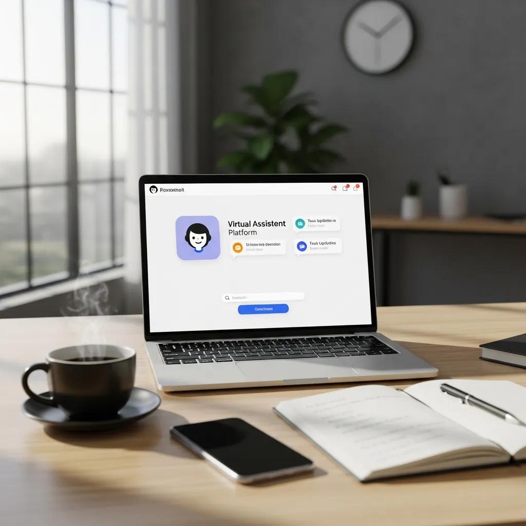 Modern workspace with a laptop showcasing virtual assistant platforms, emphasizing efficiency and professionalism