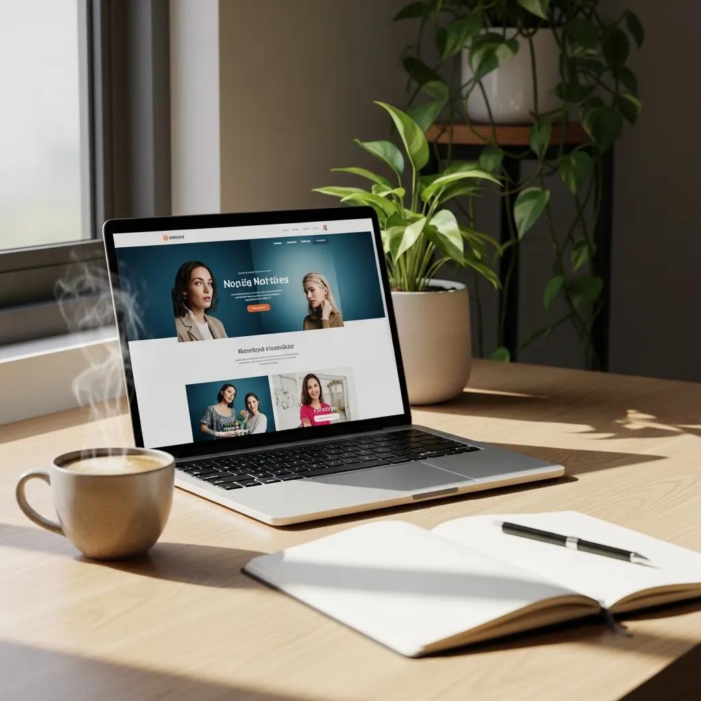 Modern workspace with a laptop showing a professional website design, enhancing online presence for small businesses