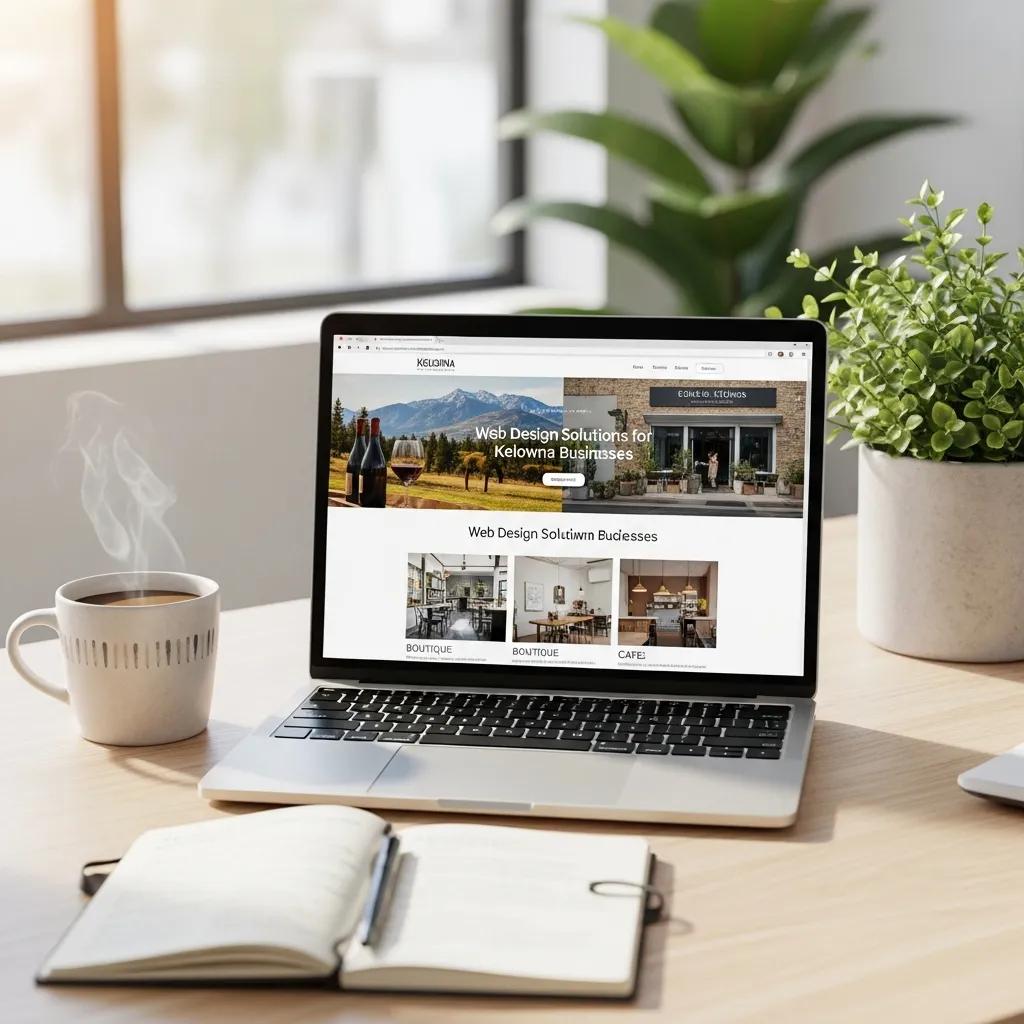 Modern workspace with a laptop showing a website design, coffee cup, and plants