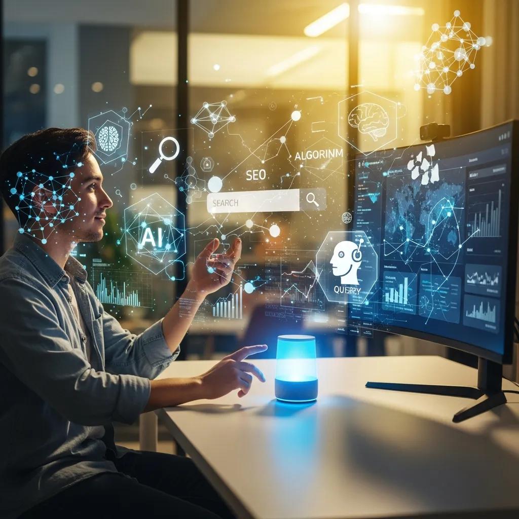 Modern workspace with a person using a voice-activated device, symbolizing Answer Engine Optimization