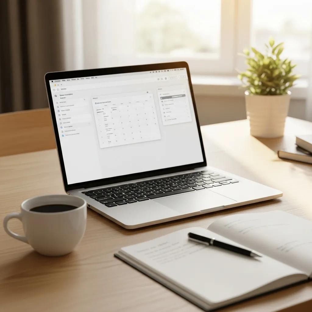 Modern workspace with laptop and notepad representing freelance personal assistant services