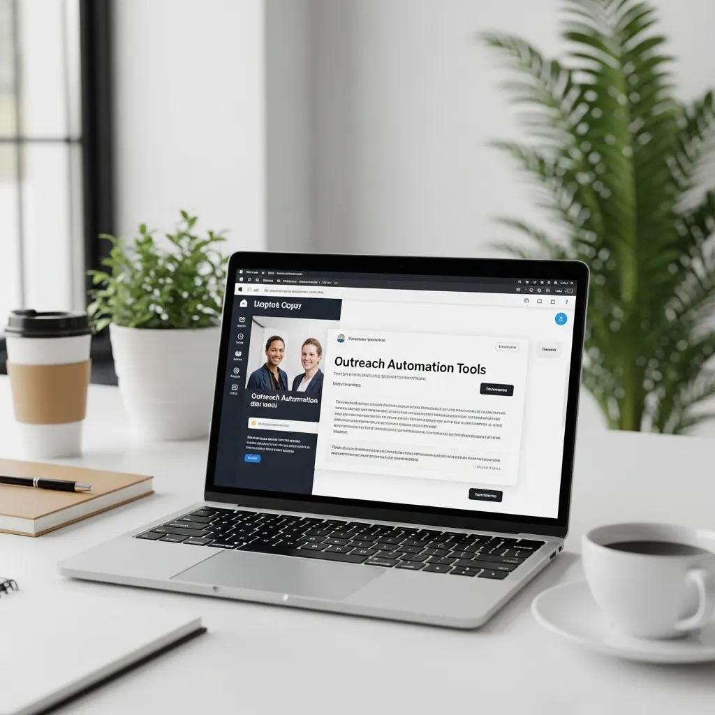Modern workspace with laptop displaying outreach automation tools, coffee cup, and notepad