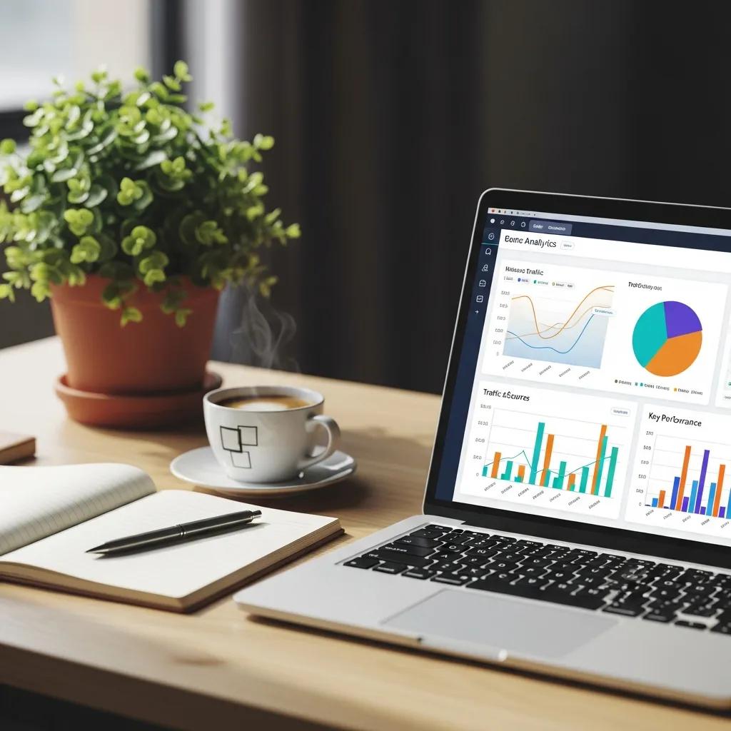 Modern workspace with laptop showing website analytics, coffee cup, and notepad