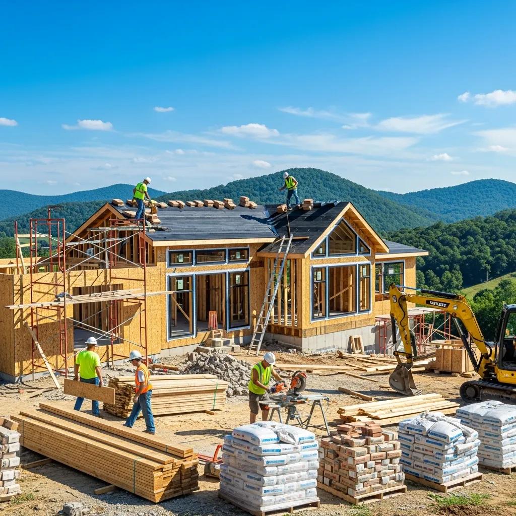 New construction site in West Virginia with workers and a modern home under construction