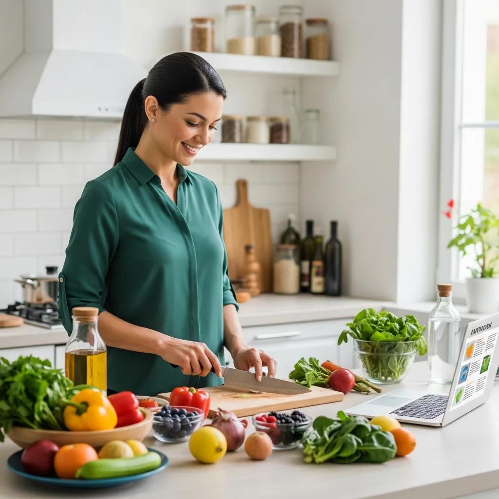 Nutritionist preparing a healthy meal in a modern kitchen with fresh ingredients