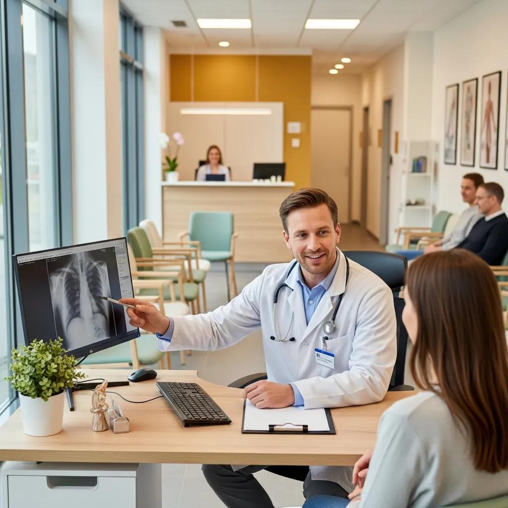Orthopedic clinic consultation between a traumatologist and a patient, highlighting a professional and caring environment