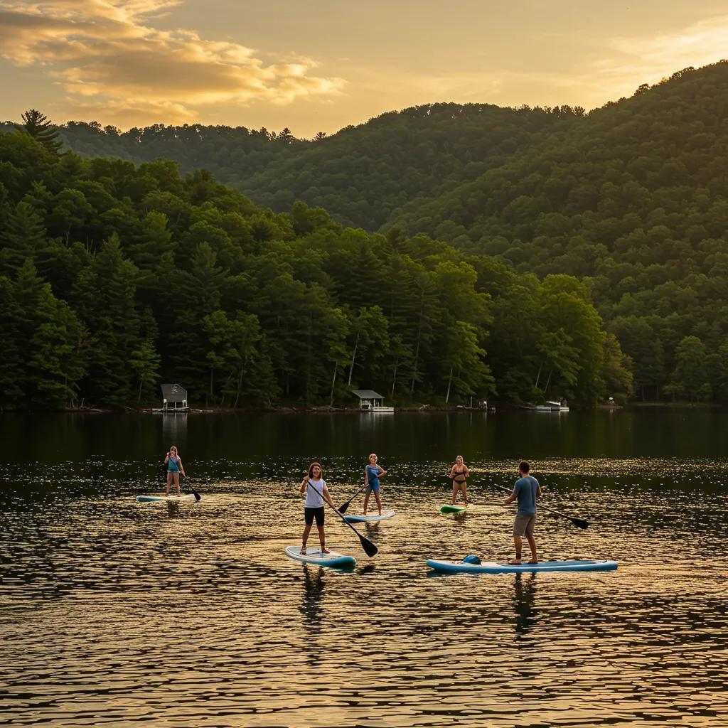 Paddleboarding on a serene lake in West Virginia during sunset, highlighting outdoor adventure