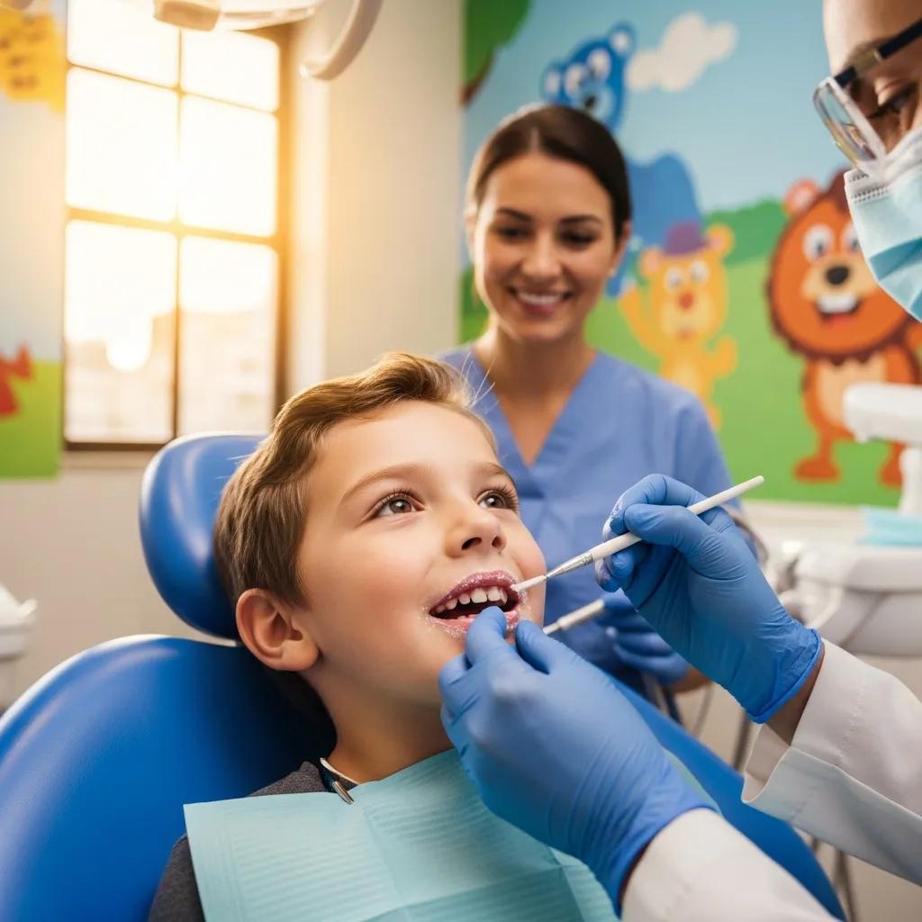 Pediatric dentist applying fluoride treatment to a child's teeth, highlighting preventative dental care