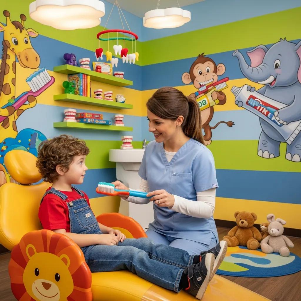 Pediatric dentist engaging with a child in a colorful dental office, highlighting a friendly and welcoming environment