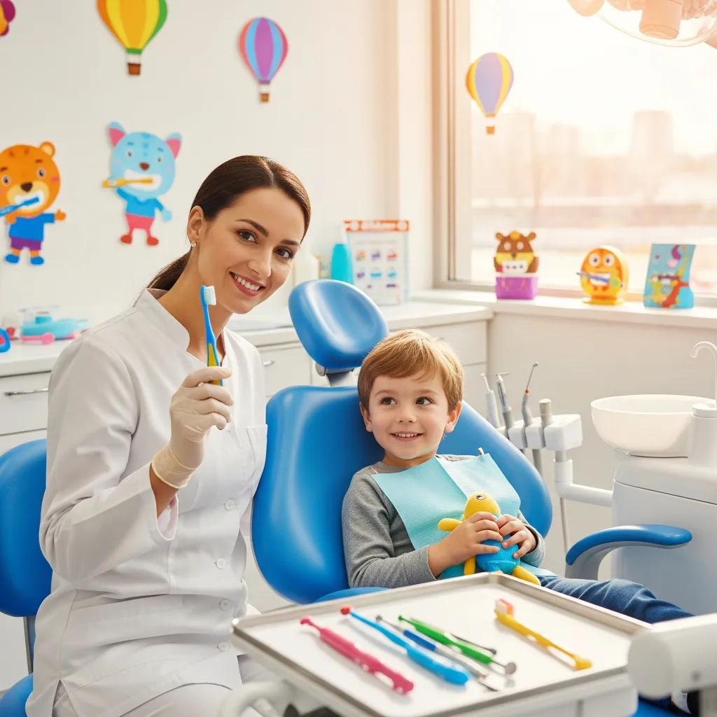 Pediatric dentist engaging with a child in a colorful dental office, promoting a friendly dental experience