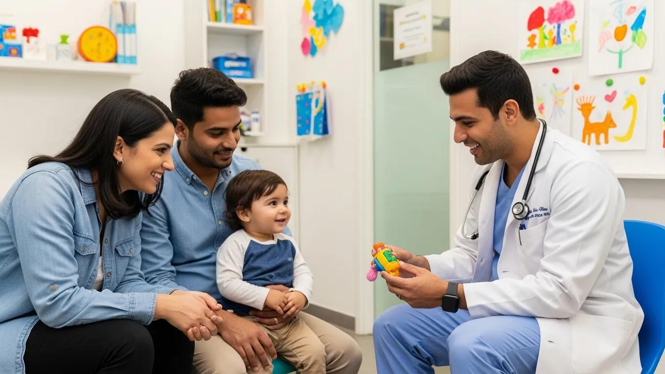 Pediatrician engaging with a family in a colorful clinic, highlighting family-friendly healthcare