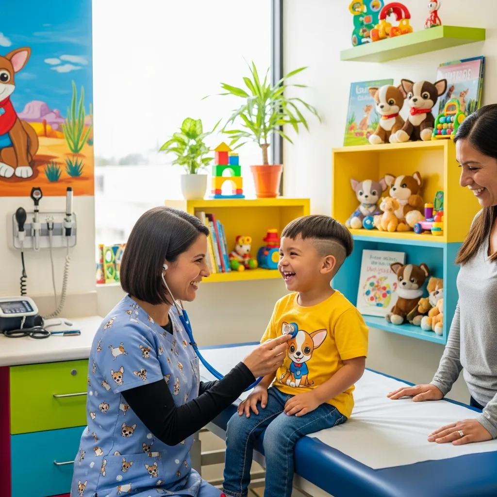 Pediatrician interacting with a child in a colorful office, highlighting family-friendly healthcare
