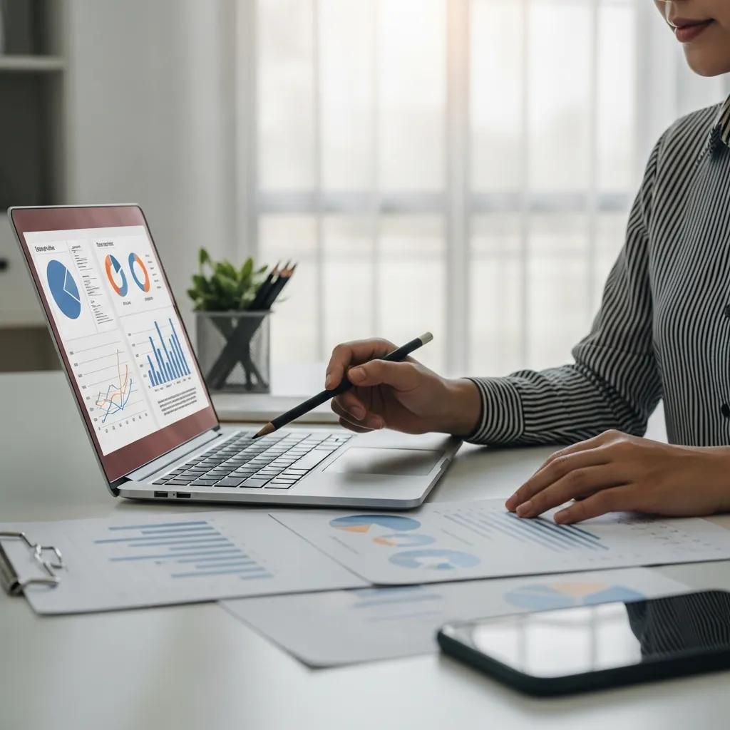 Person analyzing keyword data on a laptop in a modern office, symbolizing keyword gap analysis