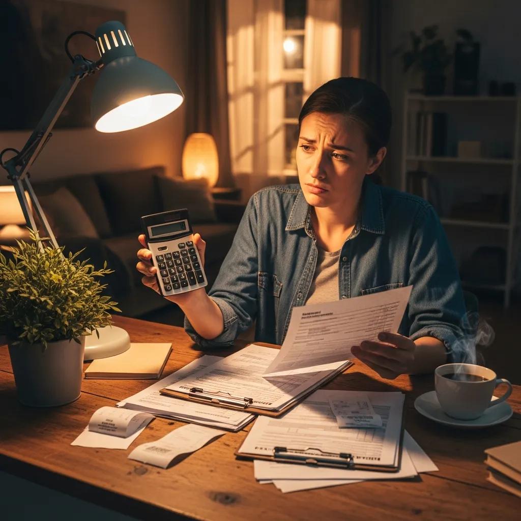 Person at a desk with tax documents and calculator, conveying the stress of missed tax deadlines