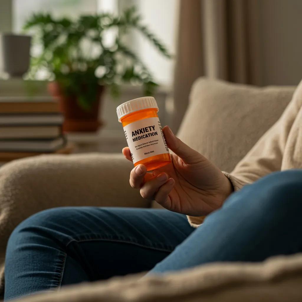 Person holding anxiety medication in a calming environment, symbolizing treatment and care