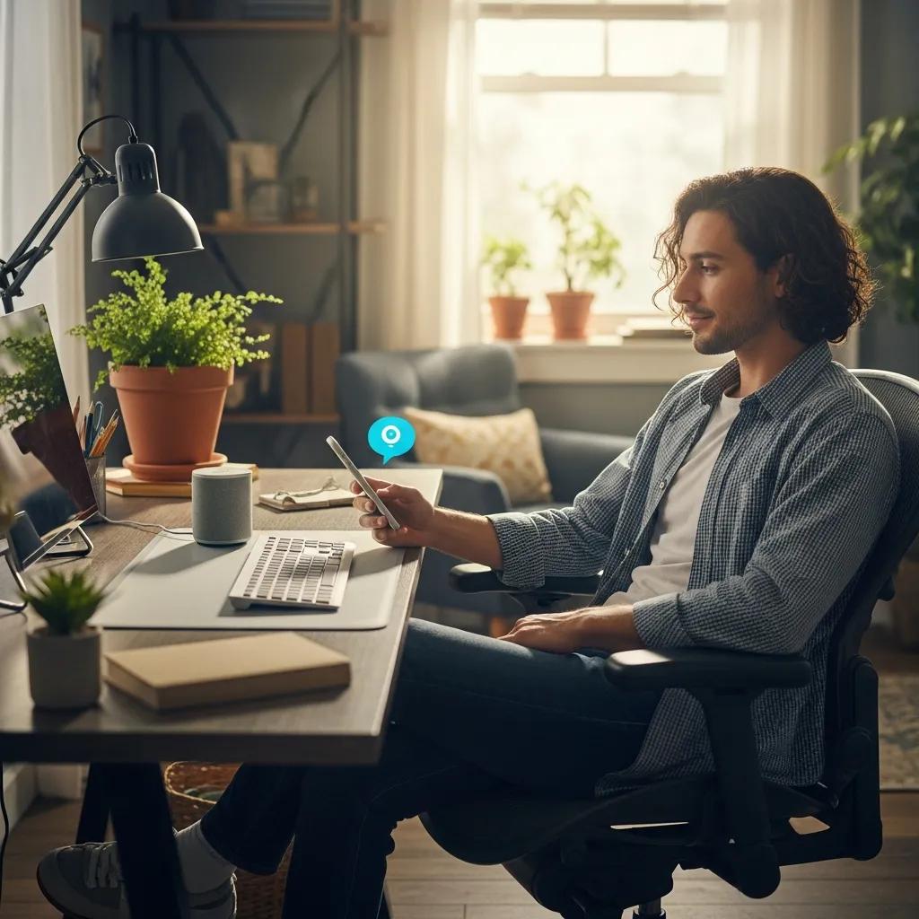 Person interacting with a voice-activated device in a modern home office, illustrating voice search optimization