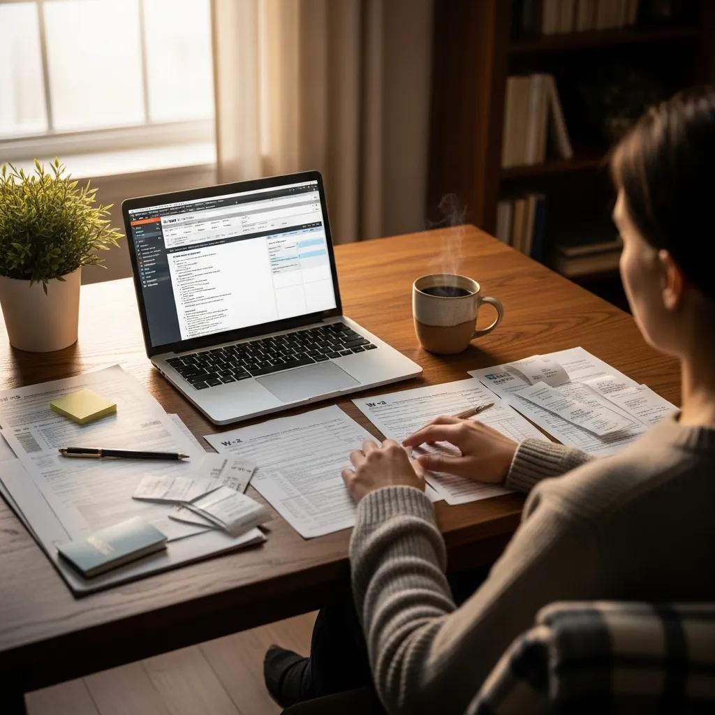 Person preparing taxes at a desk with documents and a laptop in a cozy setting