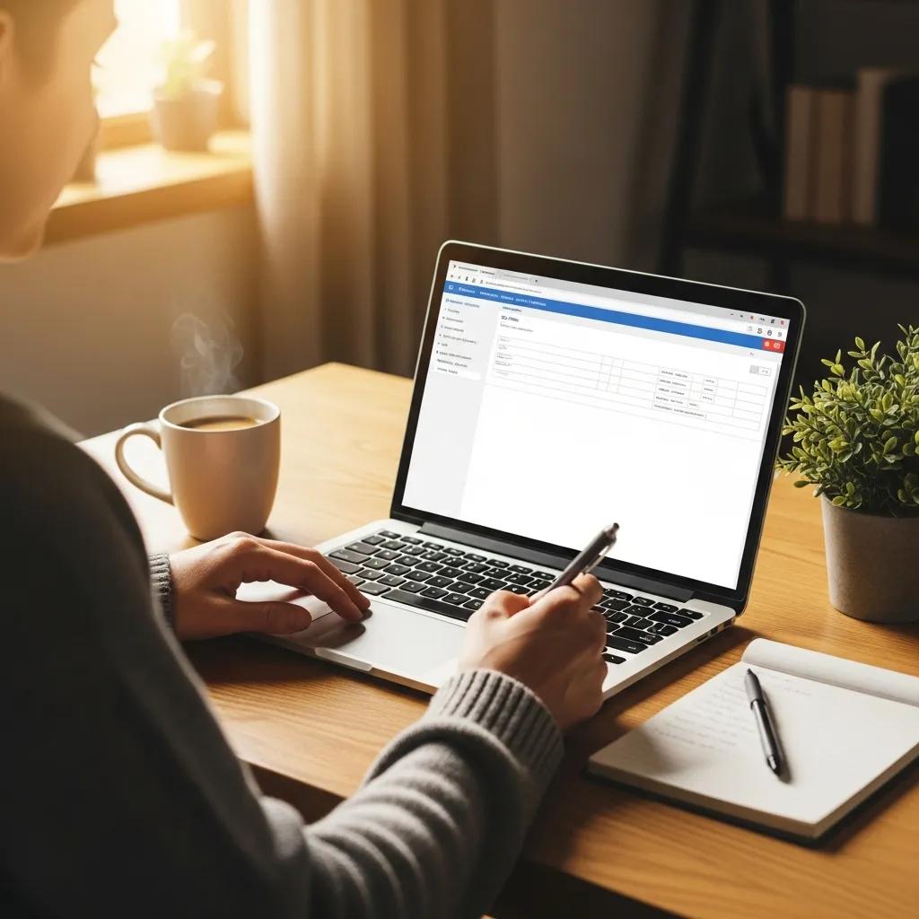 Person using a laptop for electronic tax filing in a cozy home office setting