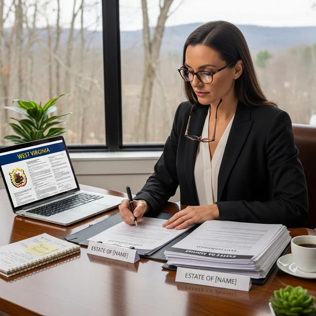 Personal representative reviewing legal documents in an office, representing executor duties in West Virginia