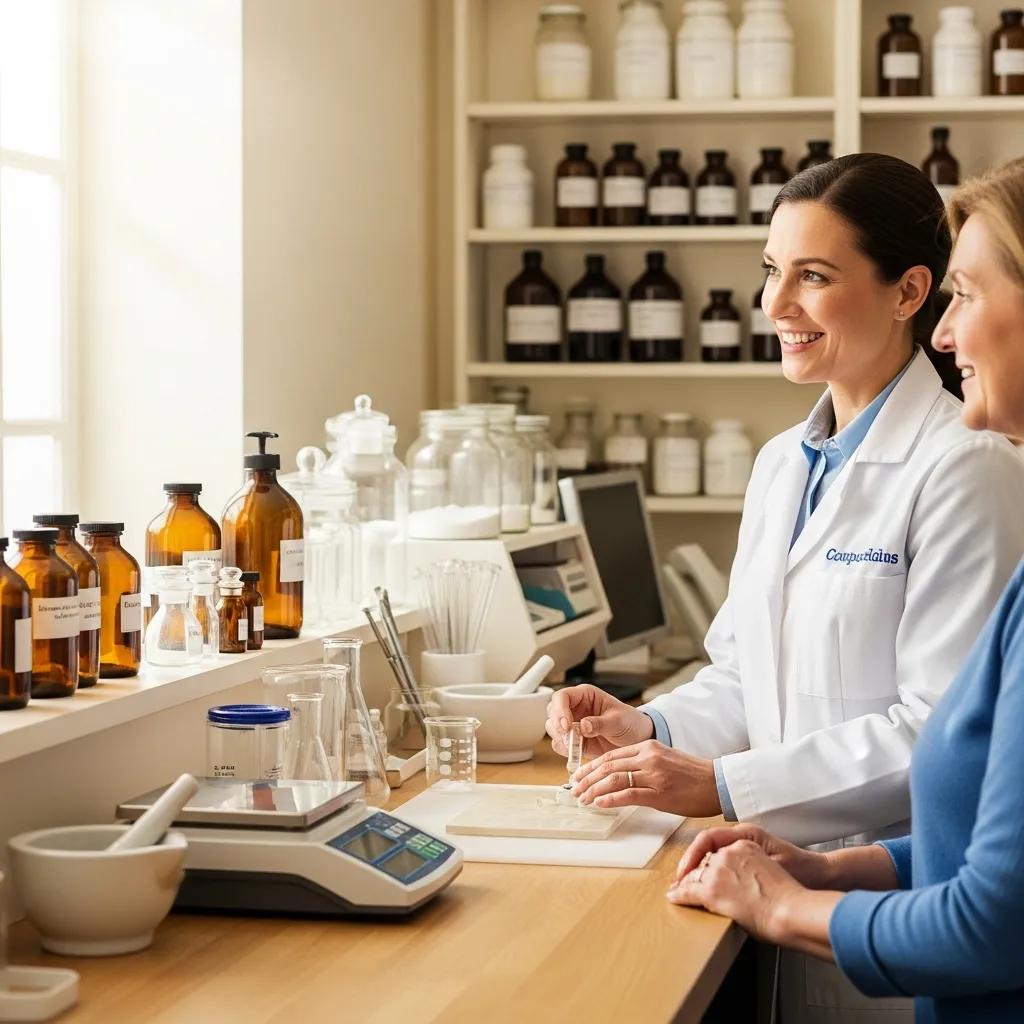 Pharmacist preparing compounded medications in a welcoming pharmacy environment