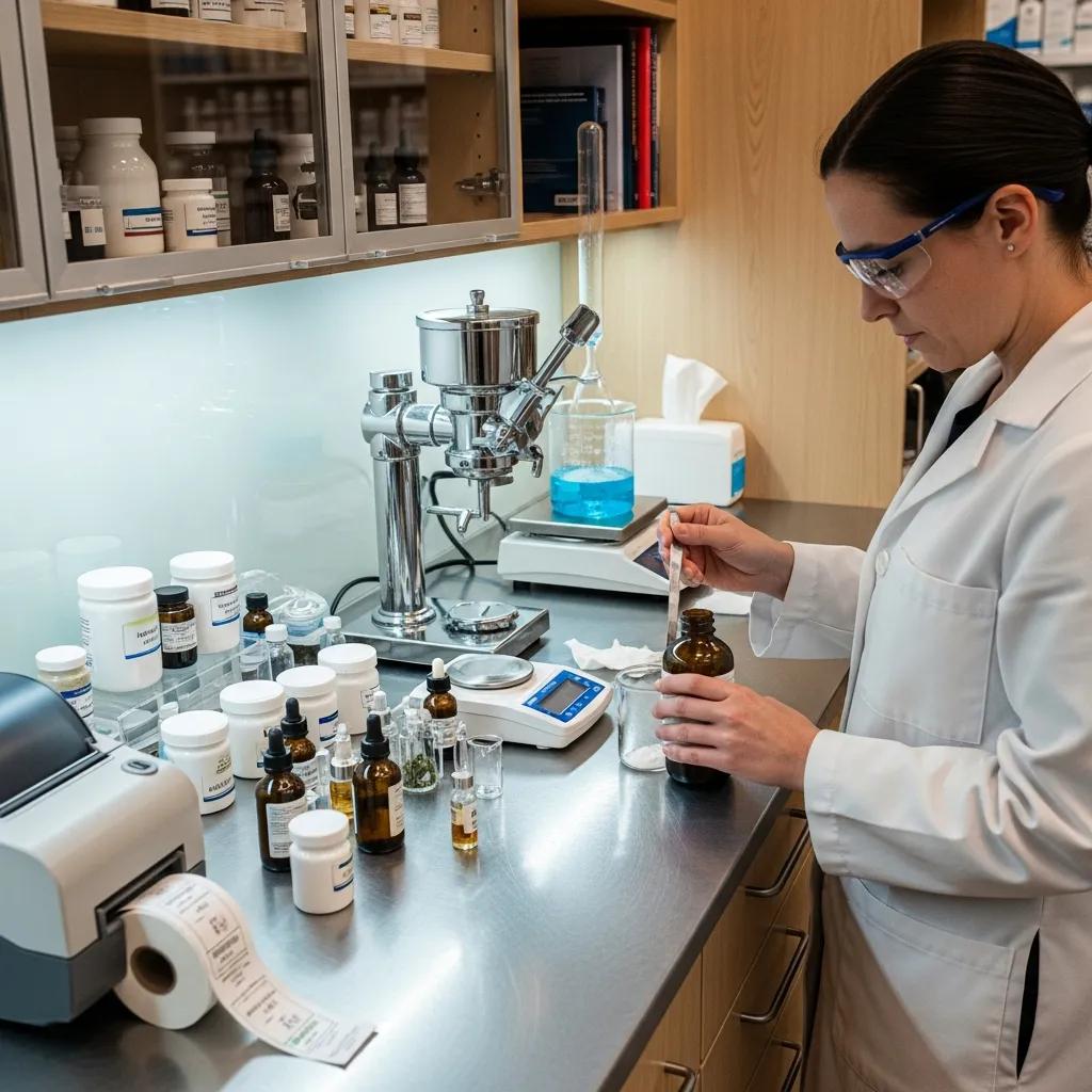 Pharmacist preparing custom compounded medications in a modern pharmacy setting
